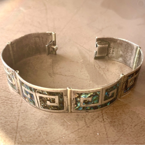 Vintage Sterling Silver Mexican Abalone Station Bracelet Greek Key Design - Picture 8 of 11